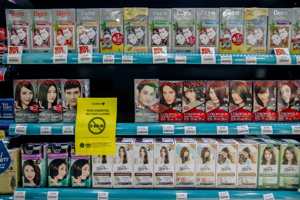 A section of a Caring pharmacy is seen in Kuala Lumpur June 4, 2021. The non-essential sections which selling hair colours, suncare, facial masks and menu00e2u20acu2122s hair gel are closed due to the Full Movement Control Order (FMCO). u00e2u20acu201d Picture by Firdaus Latif