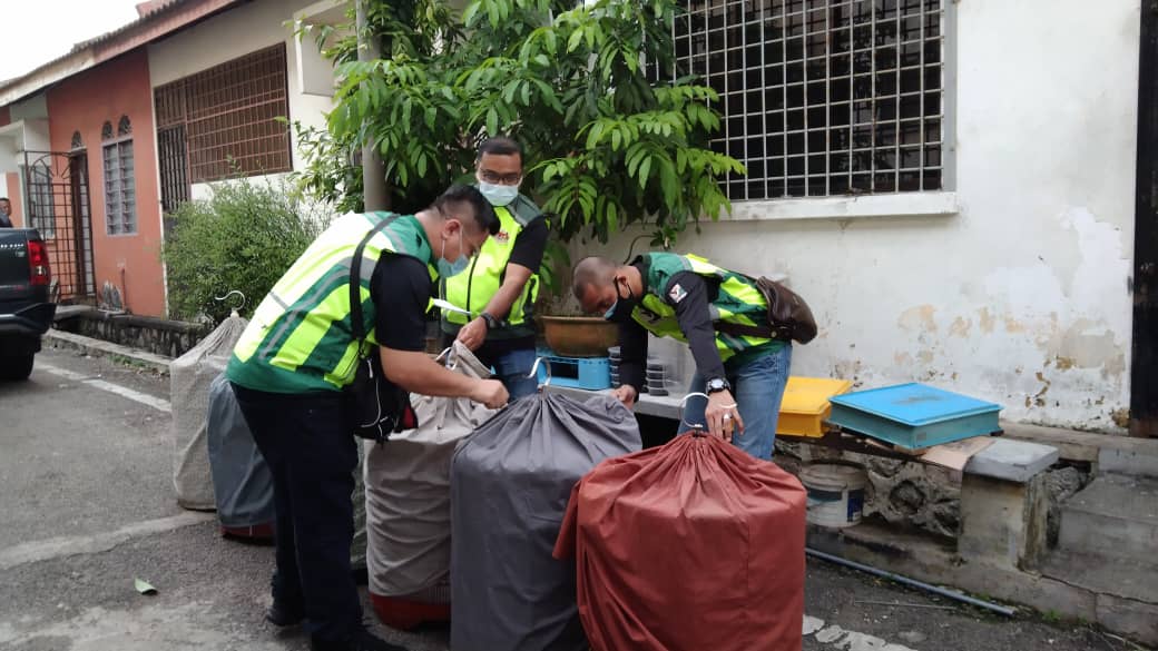 Johor Wildlife and National Parks Department officers inspect the bird cages after a raid at a pet shop in Taman Kota Masai, Pasir Gudang June 4, 2021. u00e2u20acu201d Picture courtesy of Johor Wildlife and National Parks Department