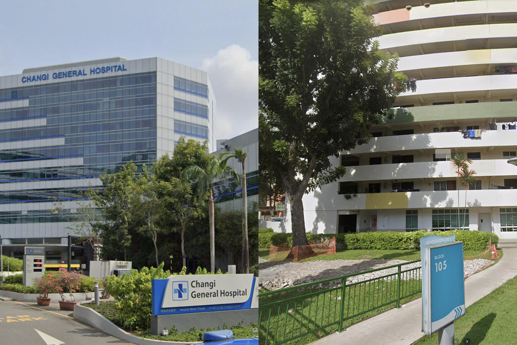 Two more people working at Changi General Hospital (left) were found to have Covid-19 and six more people living at Block 105 Henderson Crescent (right) had contracted the coronavirus. u00e2u20acu2022 Picture via Google Maps/TODAY