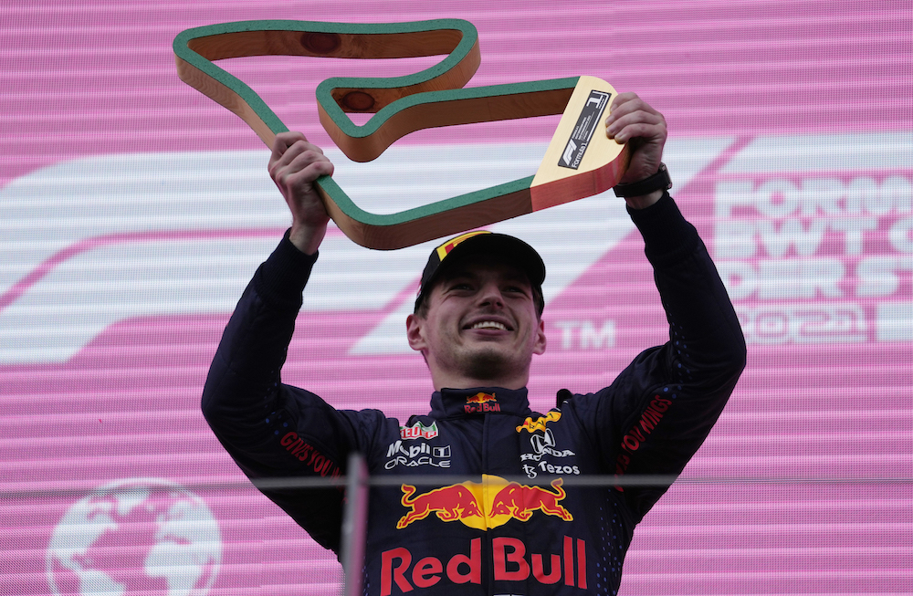 Red Bull's Max Verstappen celebrates with the trophy after winning the Steiermark Grand Prix at the Red Bull Ring, Spielberg, Styria, Austria June 27, 2021. u00e2u20acu201d Pool via Reuters picn n