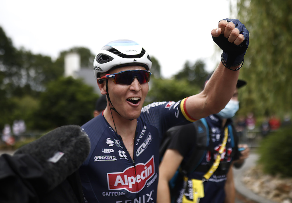 Alpecinu00e2u20acu201cFenix rider Tim Merlier of Belgium celebrates winning stage 3 of the Tour de France  at Lorient to Pontivy, France June 28, 2021  u00e2u20acu201d  Pool via Reuters pic