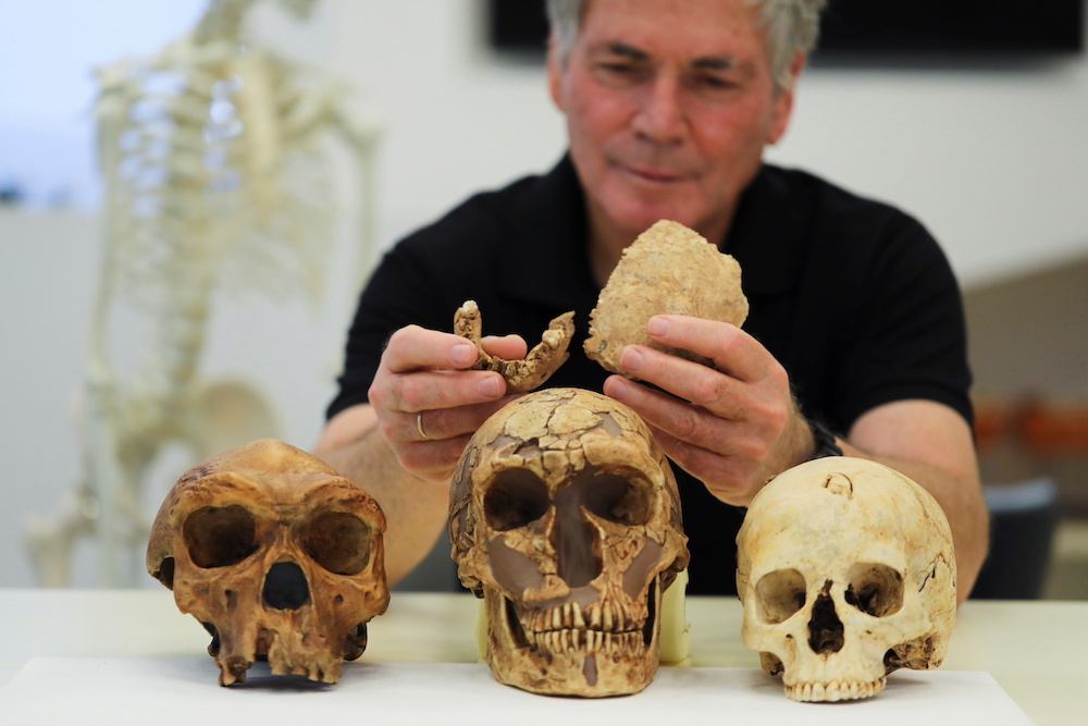 Tel Aviv University Professor Israel Hershkovitz holds what scientists say are two pieces of fossilised bone of a previously unknown kind of early human discovered at the Nesher Ramla site in central Israel, in Tel Aviv, Israel June 23, 2021. u00e2u20acu201d Reuters 