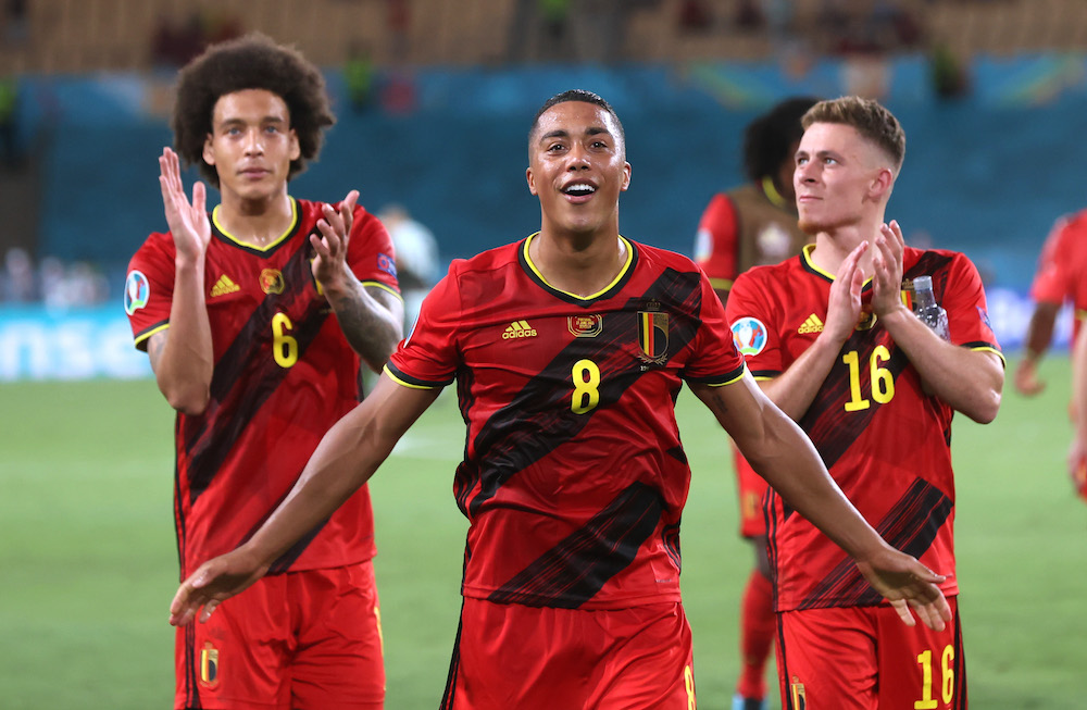 Belgium's Thorgan Hazard celebrates after the match against Portugal in Seville June 27, 2021. u00e2u20acu201d Pool via Reuters/Alexander Hassenstein
