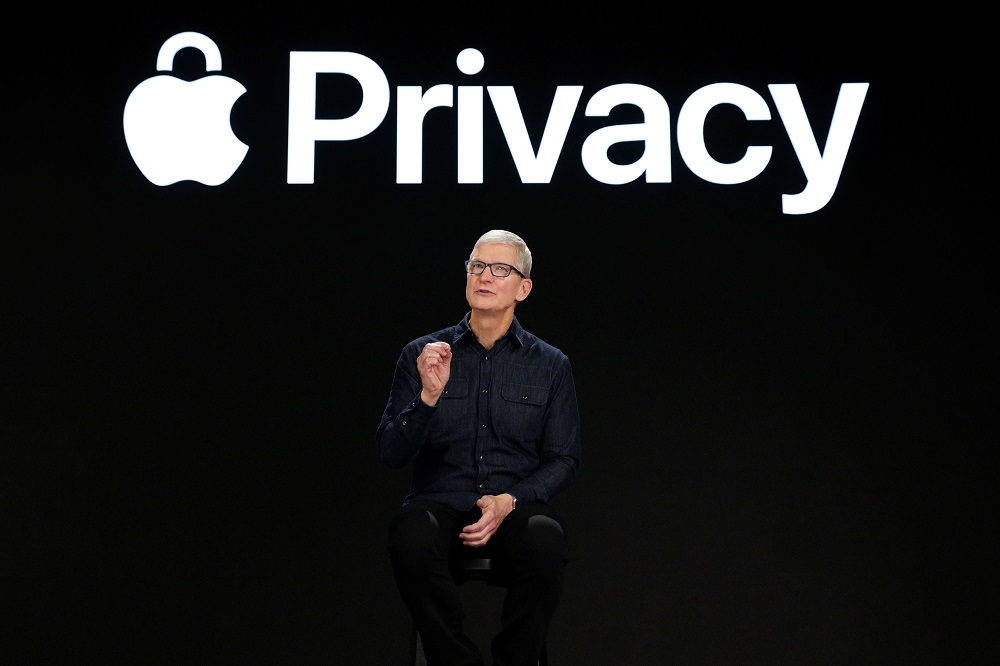 Apple CEO Tim Cook speaks about new privacy protections during the Worldwide Developers Conference at Apple Park in Cupertino, California June 7, 2021. u00e2u20acu2022 Handout via Reuters