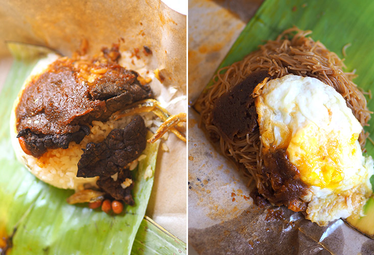 If you love 'paru' or cow's lungs like me, this 'nasi lemak bungkus' is for you (left). If rice isn't your thing, opt for their fried beehoon topped with 'sambal' and fried egg for breakfast (right). 
