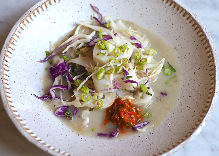 Assemble those smooth rice rolls with a creamy fish sauce, vegetables and a dollop of 'sambal'.