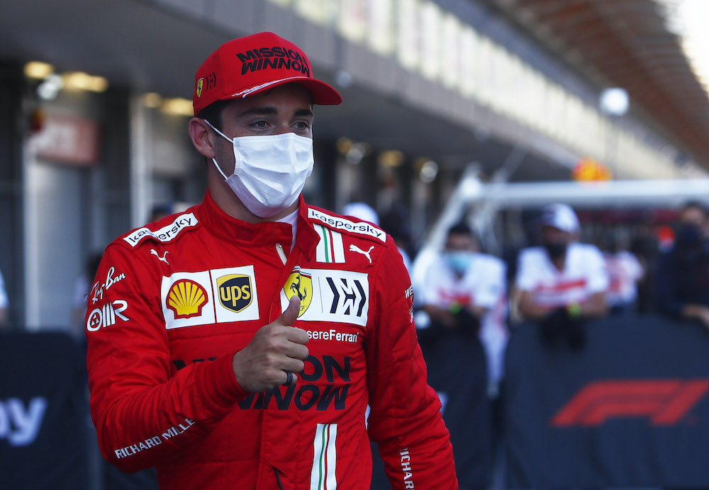 Ferrariu00e2u20acu2122s Charles Leclerc reacts after qualifying in pole position at the Azerbaijan Grand Prix in Baku City Circuit, June 5, 2021. u00e2u20acu2022 Reuters pic