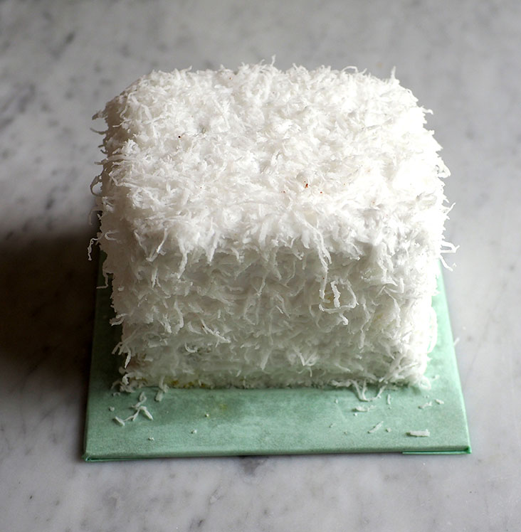 Underneath the pure white exterior of the 'ondeh ondeh' cake, you have lovely pandan and coconut flavours
