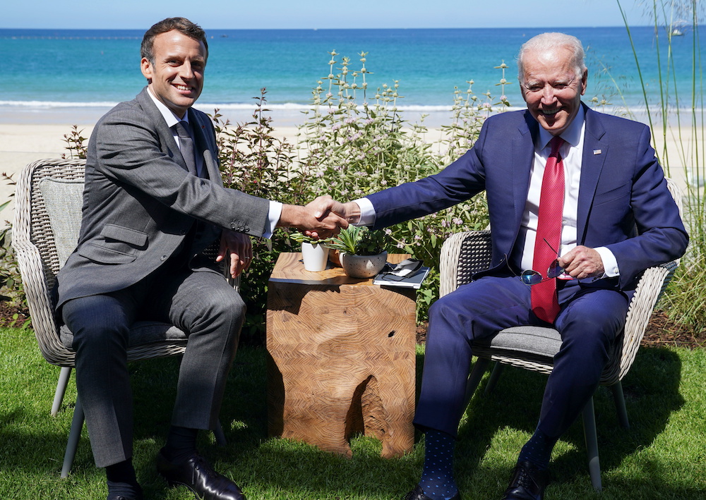 US President Joe Biden and Franceu00e2u20acu2122s President Emmanuel Macron shake hands as they attend a bilateral meeting during the G7 summit in Carbis Bay, Cornwall, Britain, June 12, 2021. u00e2u20acu2022 Reuters picnn