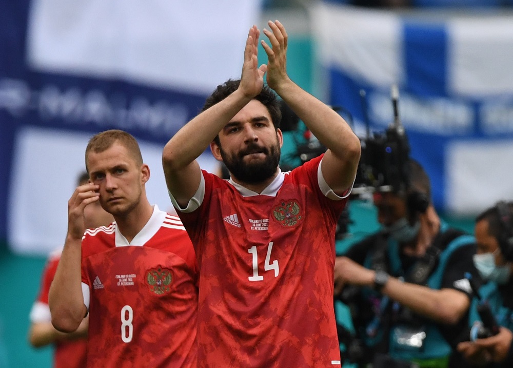 Russia's Georgi Dzhikiya celebrates after the match against Finland June 16, 2021. u00e2u20acu2022 Pool via Reuters