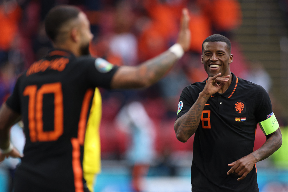 Netherlandsu00e2u20acu2122 midfielder Georginio Wijnaldum celebrates scoring his teamu00e2u20acu2122s second goal during the Uefa Euro 2020 Group C football match between North Macedonia and the Netherlands at Johan Cruyff Arena in Amsterdam June 21, 2021. u00e2u20acu201d AFP picnn