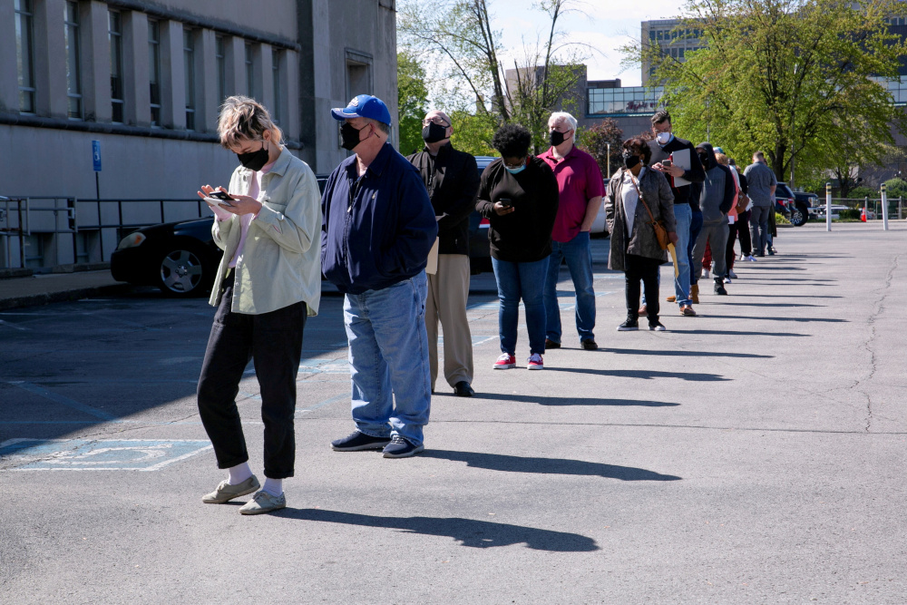 People line up outside a newly reopened career centre for in-person appointments in Louisville, US, April 15, 2021. u00e2u20acu201d Reuters pic 