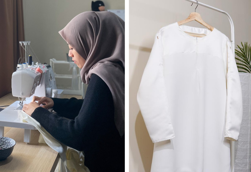 Nadhiratul Husna working on her vaccine friendly blouse for a customer. u00e2u20acu201d Picture courtesy of Nadhiratul Husna Abdul Haris 