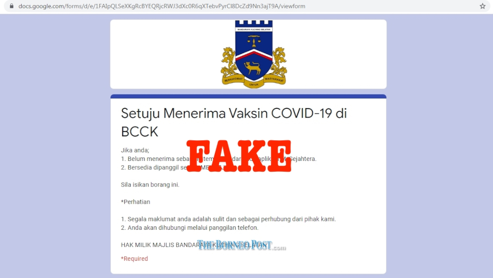 A screenshot of the fake Google Forms page using the MBKS crest. — Borneo Post Online pic