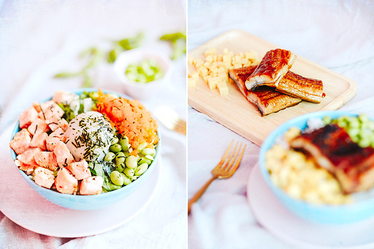 Onsen Egg Rice Bowl with Smoked Salmon (left) and Hi Unagi! (right).