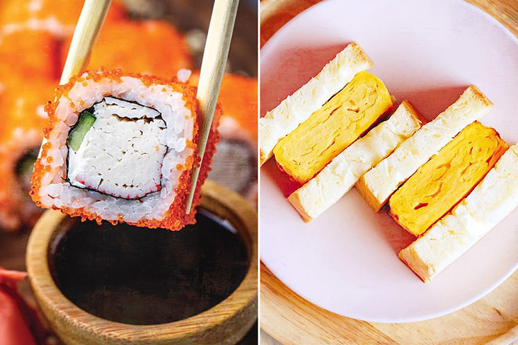 Enjoy 'ebiko' (shrimp roe) on your sushi (left). Tamago Thick Toast (right).