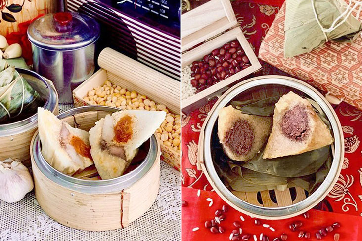 Cantonese rice dumpling pair mung beans with salted egg yolks (left) while a 'kee chang' or alkaline water rice dumpling is filled with sweet red beans (right)