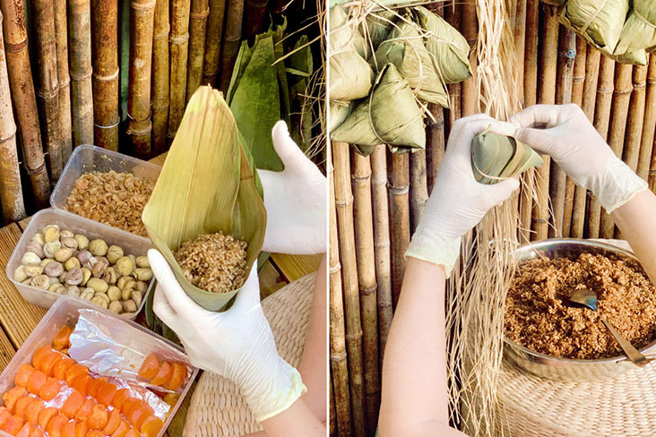 Folding the bamboo leaves so the rice dumpling is wrapped properly (left) and tying it up (right).