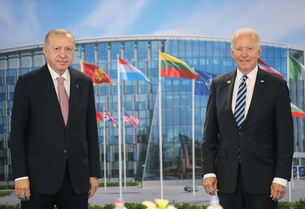 Turkish President Tayyip Erdogan meets with US President Joe Biden on the sidelines of the Nato summit in Brussels, Belgium June 14, 2021. u00e2u20acu2022 Murat Cetinmuhurdar/Presidential Press Office/Handout via Reuters
