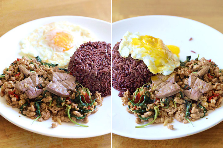 Breaking the yolk and having it run all over the 'pad krapao' whets your appetite.