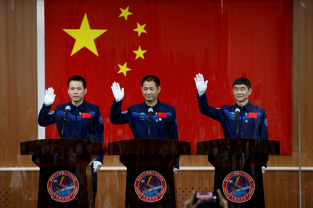 Chinese astronauts Nie Haisheng, Liu Boming, and Tang Hongbo meet members of the media before the Shenzhou-12 mission to build China's space station, at Jiuquan Satellite Launch Center near Jiuquan, Gansu province, China June 16, 2021. u00e2u20acu2022 Reuters pic