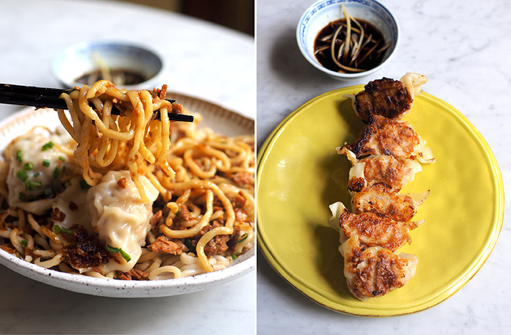 The noodles have a smooth texture and are well coated with the braised pork sauce (left). You can order the dumplings pan fried or served with soup, depending on your preference (right)