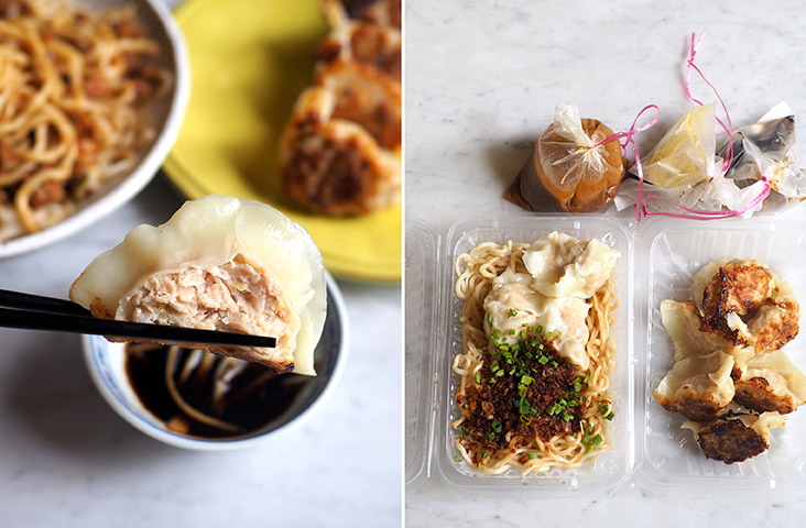 The homemade dumplings are plump with a generous pork filling (left). Take away a simple noodles and dumplings meal from this stall at this popular SS2 coffee shop (right)