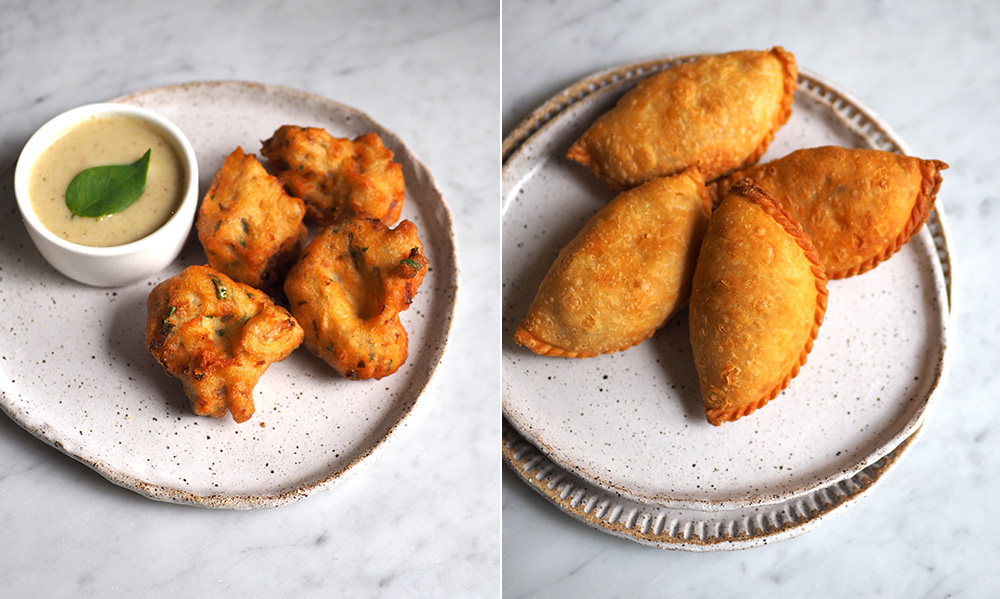 You can also shape the 'vadai' like doughnuts which is the usual way (left). The curry puffs make a delicious tea-time snack with a crispy skin and a filling of soft diced curry potatoes (right).