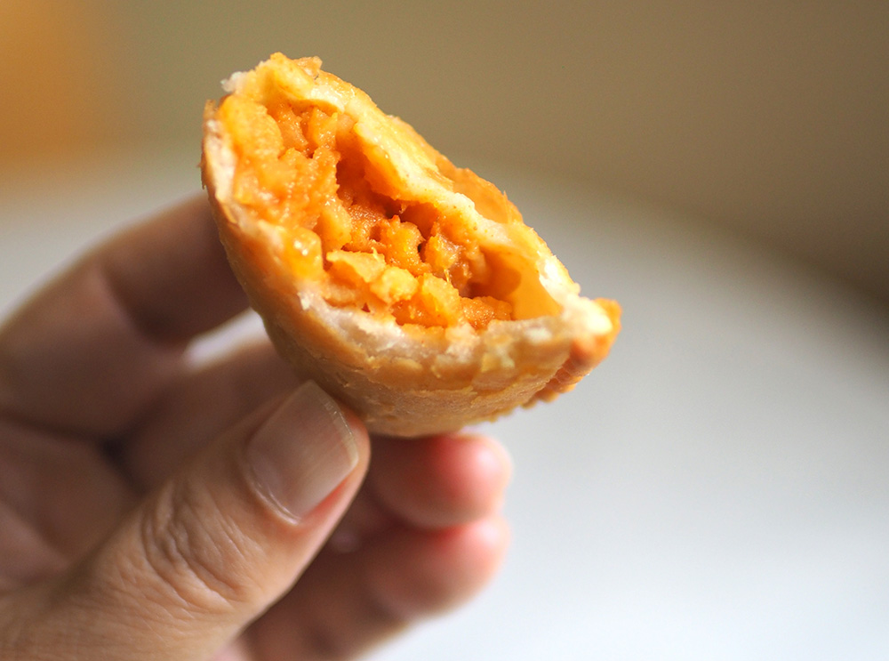 You can get these potato stuffed curry puffs suited for vegetarians or their chicken or sardines versions.