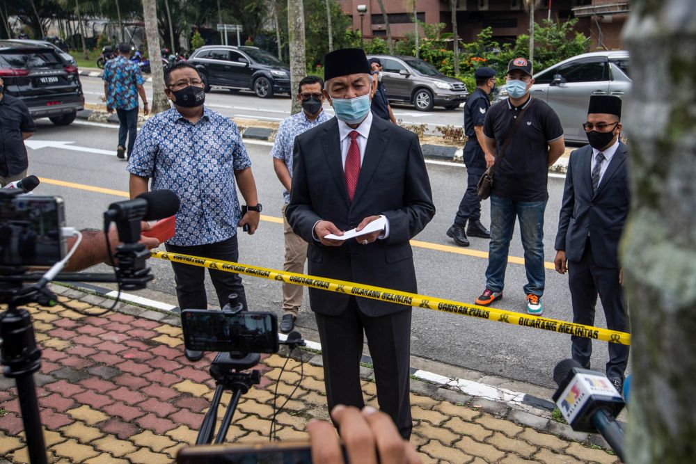 Umno president Datuk Seri Ahmad Zahid Hamidi speaks to members of the press outside Istana Negara in Kuala Lumpur June 11, 2021. u00e2u20acu201d Picture by Firdaus Latifn
