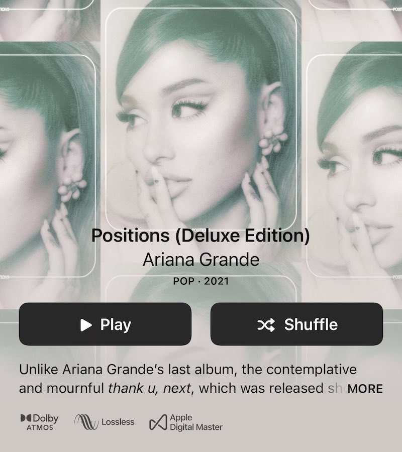 Albums will be labelled whether they support the Dolby Atmos, and Lossless features. u00e2u20acu201d Apple Music screenshot