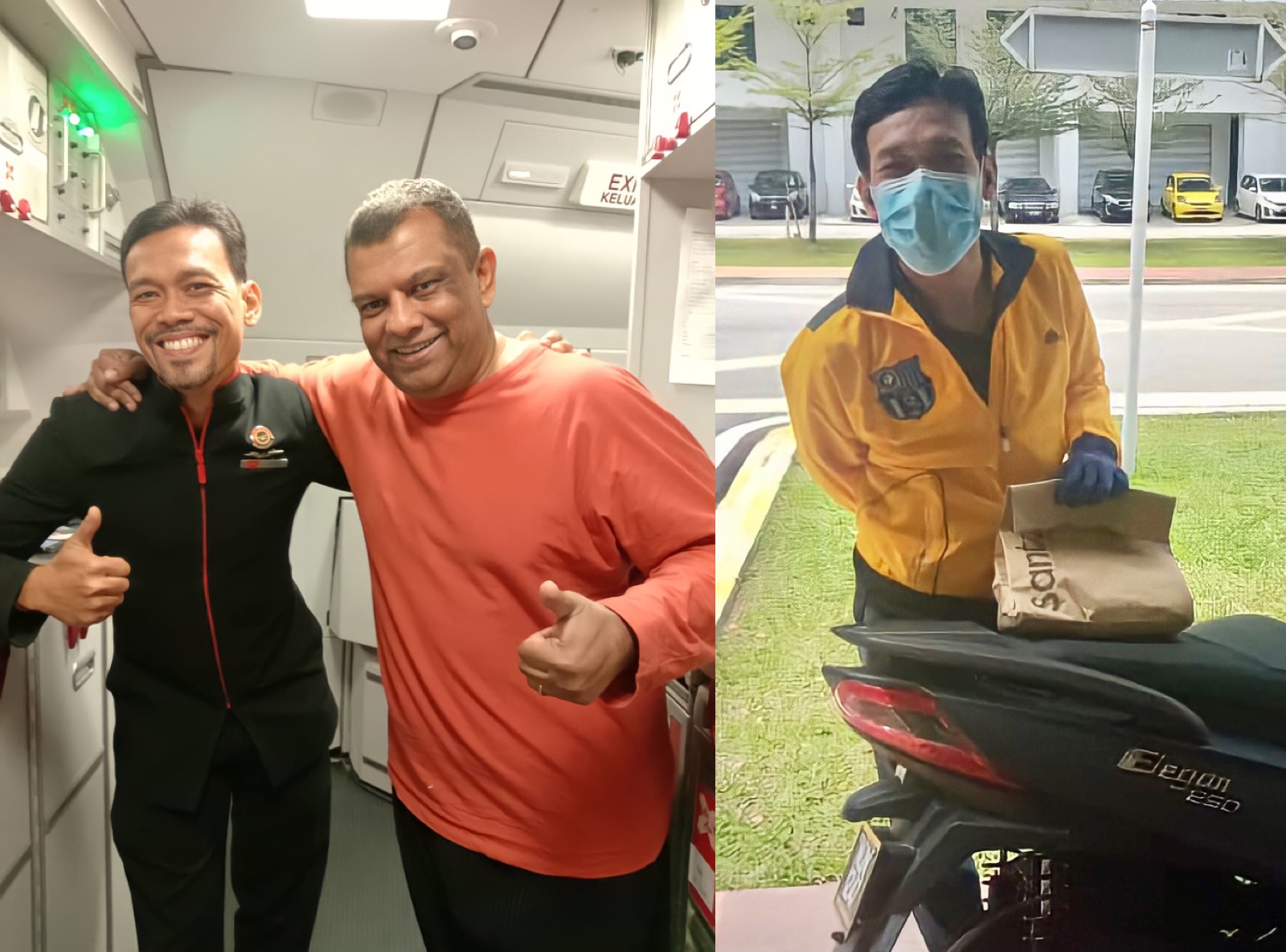 Azrul pictured with AirAsia boss Tan Sri Tony Fernandes (left pic) and in his new role as a delivery rider. — Pictures courtesy of Azrul Hizzat Marzuki