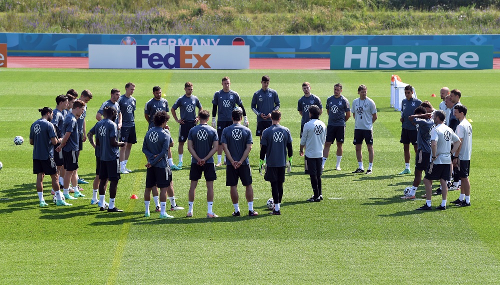 Germany coach Joachim Loew with the players and coaching staff during a training session June 11, 2021. u00e2u20acu2022 Reuters pic