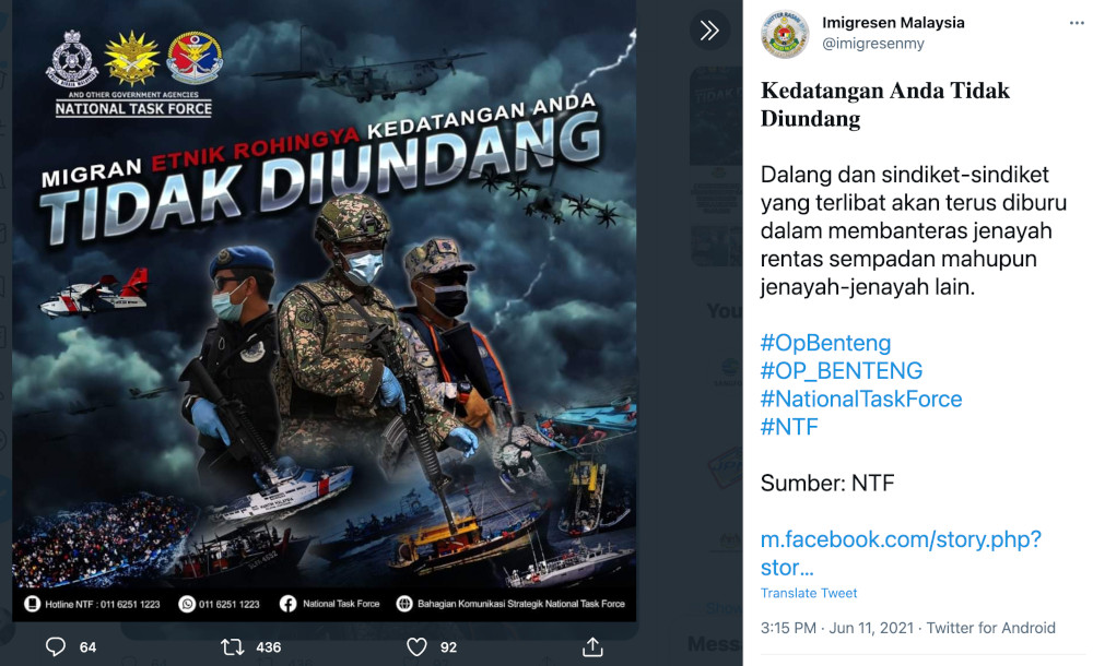 A screencap of the poster taken from the Immigration Department’s Facebook page. The original post was uploaded onto the official Facebook page of the National Task Force (NTF), a multi-agency unit tasked with enforcing the country’s closed borders amid the Covid-19 pandemic.
