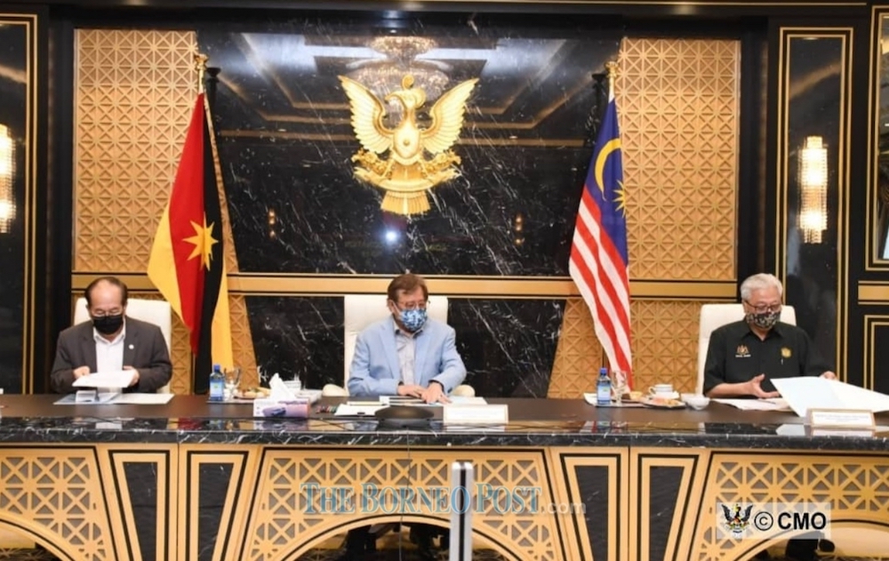 Datuk Amar Douglas Uggah Embas (left), Datuk Patinggi Abang Johari Openg (centre) and  Datuk Seri Ismail Sabri Yaakob (right) during the briefing. u00e2u20acu201d Borneo Post Online pic