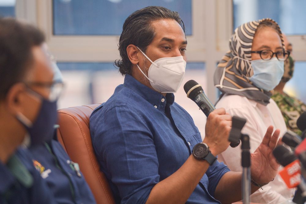 Science, Technology and Innovation Minister Khairy Jamaluddin speaks during a press conference at the Port Klang Sport Clubu00e2u20acu2122s multipurpose hall June 25, 2021. u00e2u20acu201d Picture by Miera Zulyana