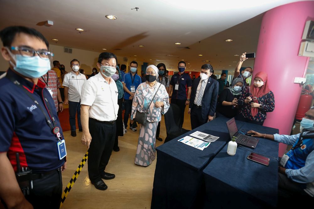 Penang Chief Minister Chow Kon Yeow during a visit to the Covid-19 vaccination centre at the Spice Arena, Bayan Baru June 6, 2021. —Picture by Sayuti Zainudin