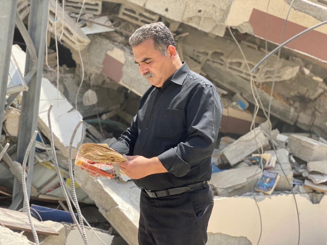 Mansour surveying the remains of his bookshop after the Israeli airstrike. — Picture via Instagram/samir_mansour_bookshop