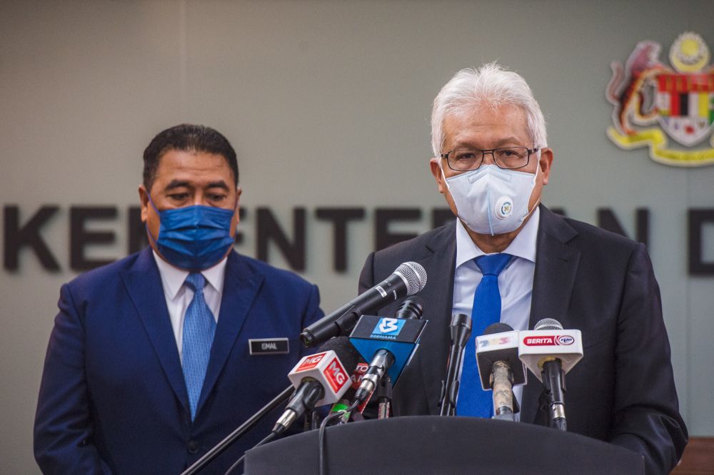 Home Minister Datuk Seri Hamzah Zainudin speaks during a media conference after newly appointed deputy IGP Datuk Seri Mazlan Lazimu00e2u20acu2122s rank conferment ceremony in Putrajaya, June 25, 2021. u00e2u20acu201d Picture by Shafwan Zaidon