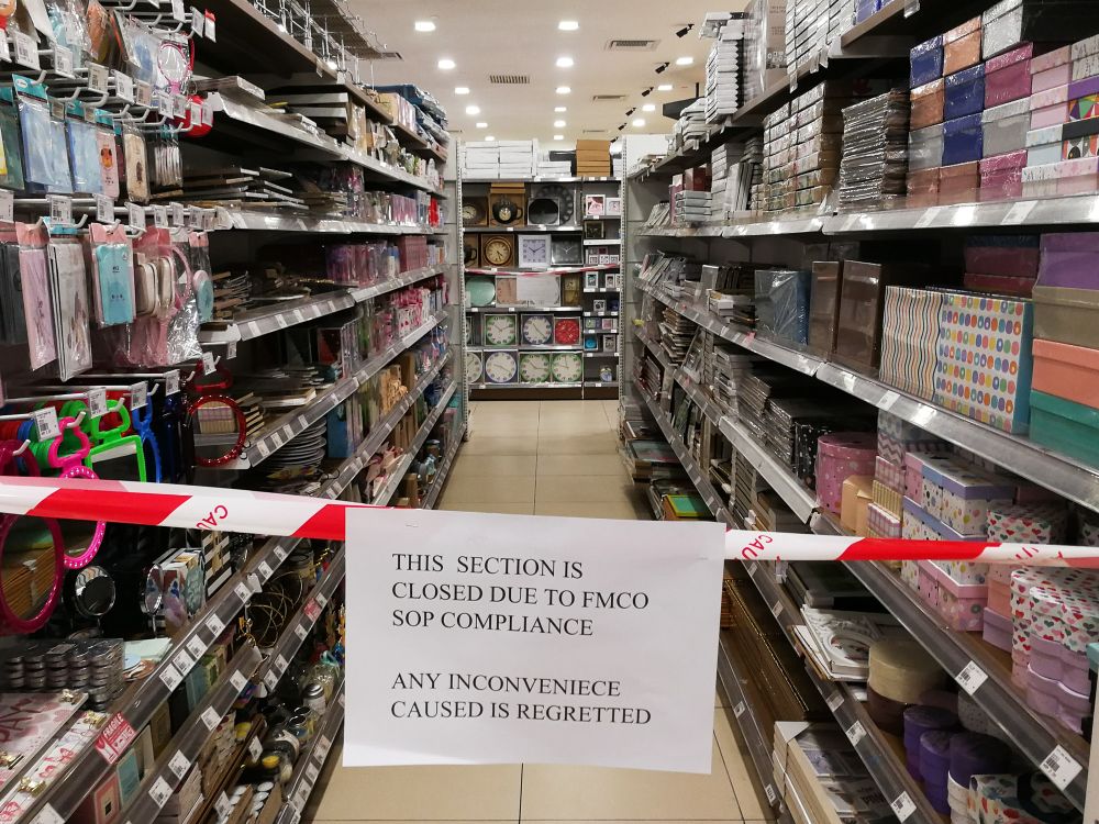 A section selling stationery is cordoned off at a Mr DIY outlet amid MCO 3.0 June 7, 2021. — Picture by Choo Choy May