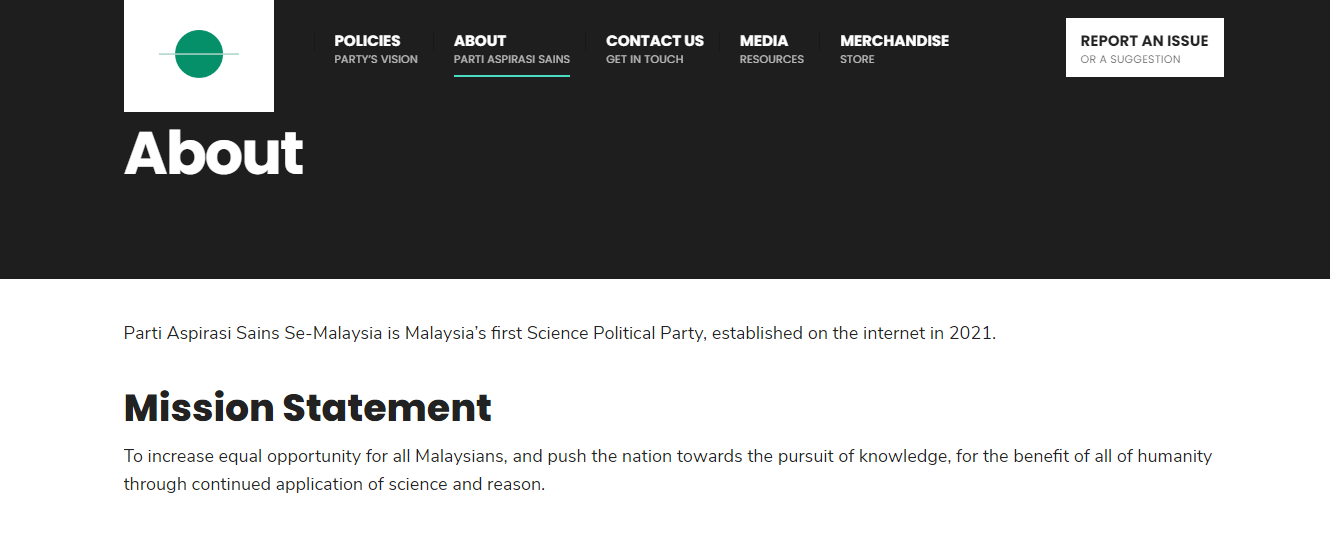 A screenshot of Parti Aspirasi Sains Malaysia’s website.