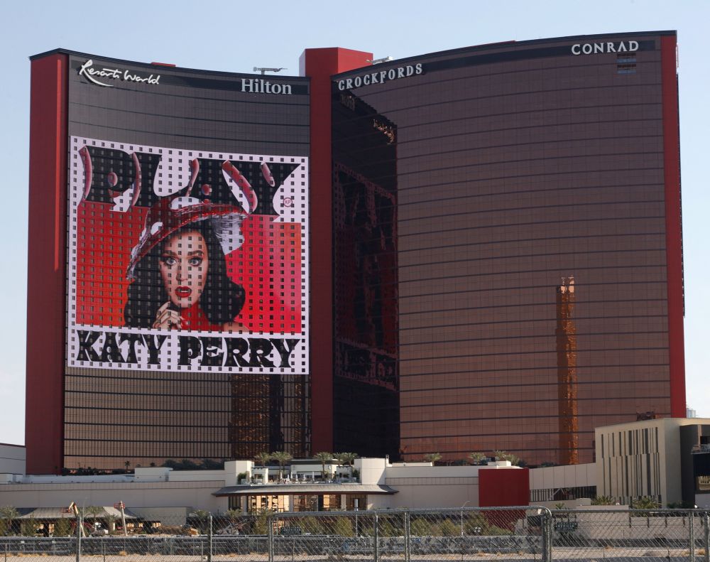 An LED screen displays an advertisement for Katy Perry's upcoming residency u00e2u20acu02dcPlayu00e2u20acu2122 as construction continues at Resorts World Las Vegas on June 20, 2021 in Las Vegas, Nevada. u00e2u20acu201d AFP pic