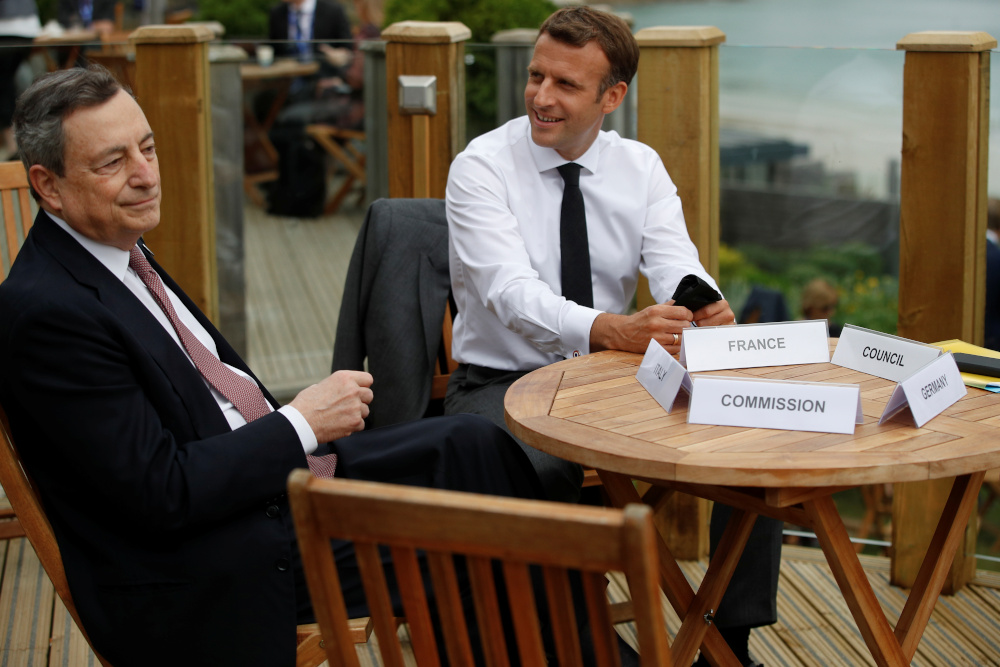 Franceu00e2u20acu2122s President Emmanuel Macron and Italyu00e2u20acu2122s Prime Minister Mario Draghi attend an EU coordination meeting at the G7 summit in Carbis Bay, Cornwall June 11, 2021. u00e2u20acu201d Reuters pic
