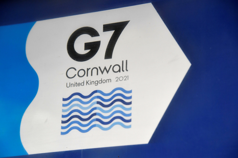 A G7 logo is seen on an information sign near the Carbis Bay hotel resort, where an in-person G7 summit of global leaders is due to take place in June, St Ives, Cornwall May 24, 2021. u00e2u20acu201d Reuters pic