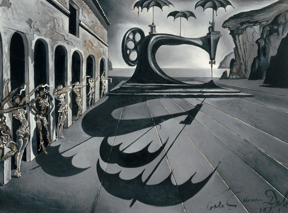 Salvador Dalu00c3u00ad, u00e2u20acu02dcMachine u00c3u00a0 coudre avec parapluies dans un paysage surru00c3u00a9alisteu00e2u20acu2122 (1941). u00e2u20acu2022 Picture courtesy of Artcurial