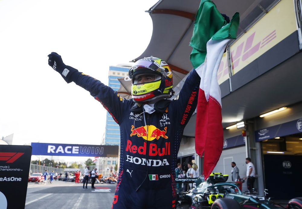Red Bull's Sergio Perez celebrates after winning the Azerbaijan Grand Prix  in Baku June 6, 2021. u00e2u20acu201d Reuters pic