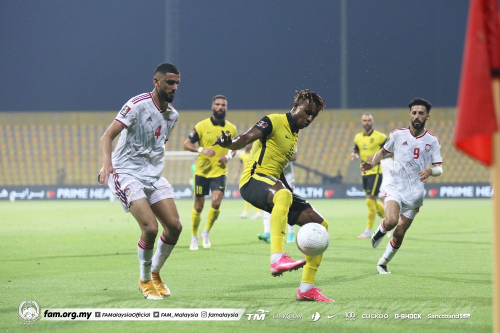 Malaysiau00e2u20acu2122s Mohamadou Sumareh in action against UAE during their Group G second-round 2022 World Cup/2023 Asian Cup qualifying match in Dubai June 4, 2021. u00e2u20acu201d Picture via Twittern