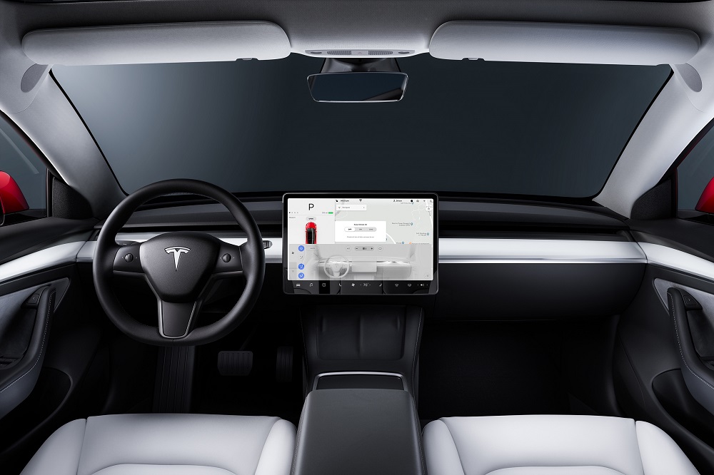 A small camera placed above the rearview mirror will be able to film what is happening inside the Tesla Model 3. u00e2u20acu2022 Picture courtesy of Tesla via ETX Studio