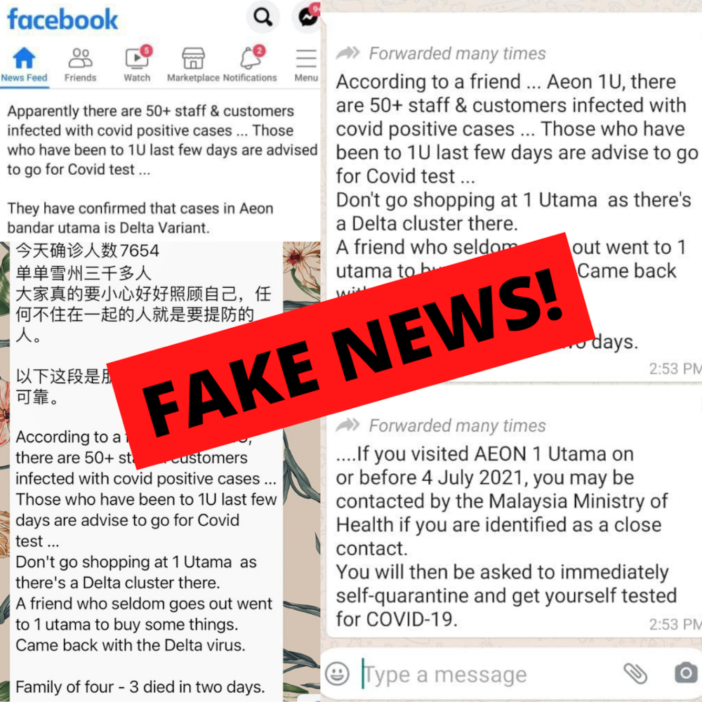 Screenshots of the rumours on social media claim that over 50 staff and customers have tested positive for Covid-19, with several having since died. — Picture from Facebook/1 Utama Shopping Centre 