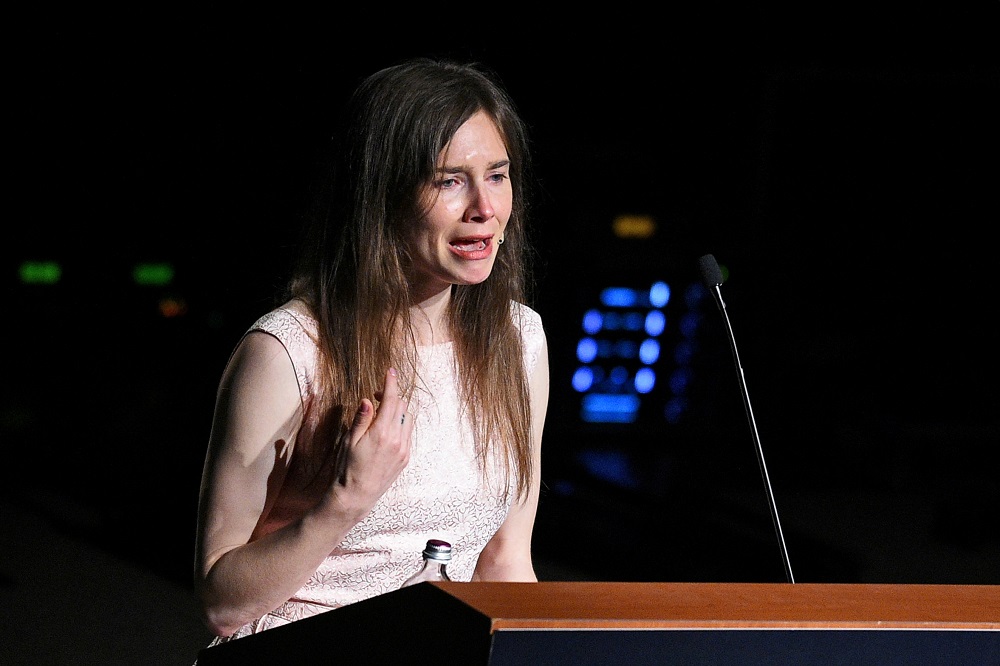 Amanda Knox, who returned to Italy for the first time since being cleared of the murder of British student Meredith Kercher, cries as she speaks at the Criminal Justice Festival in Modena June 15, 2019. u00e2u20acu201d Reuters pic